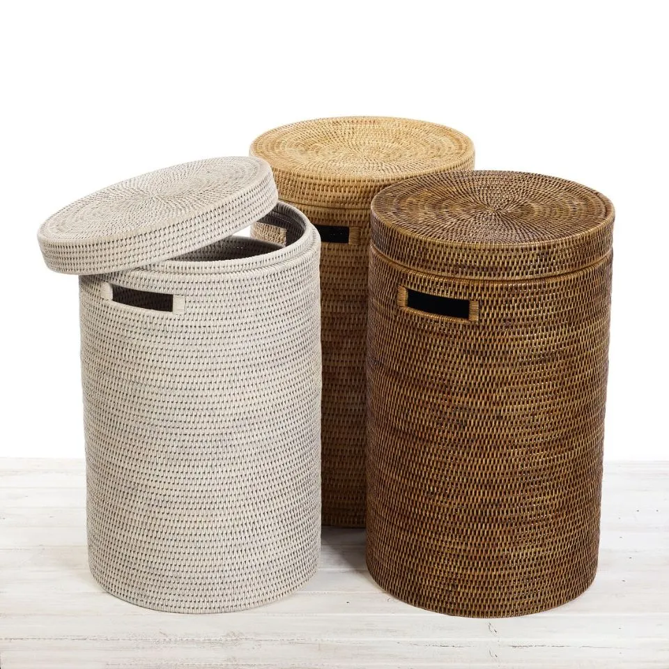 Round Rattan Laundry hamper Basket With Lid Low Moq